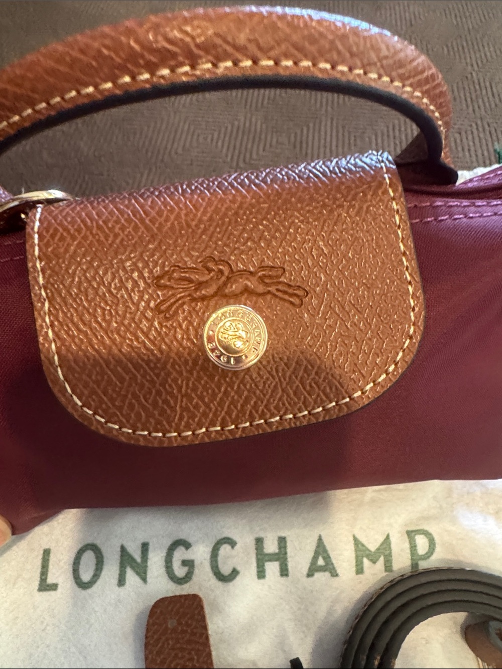 Longchamp Small Crossbody Bag in Burgundy with Brown Trim - Picture 2 of 6